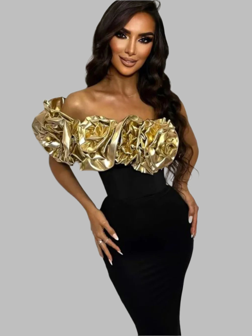 Golden Bloom Velvet Evening Gown