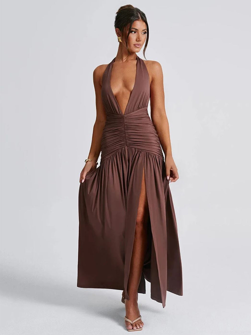 Halston Long Sleeve Ruched Split Maxi Dress La-Nella Paris