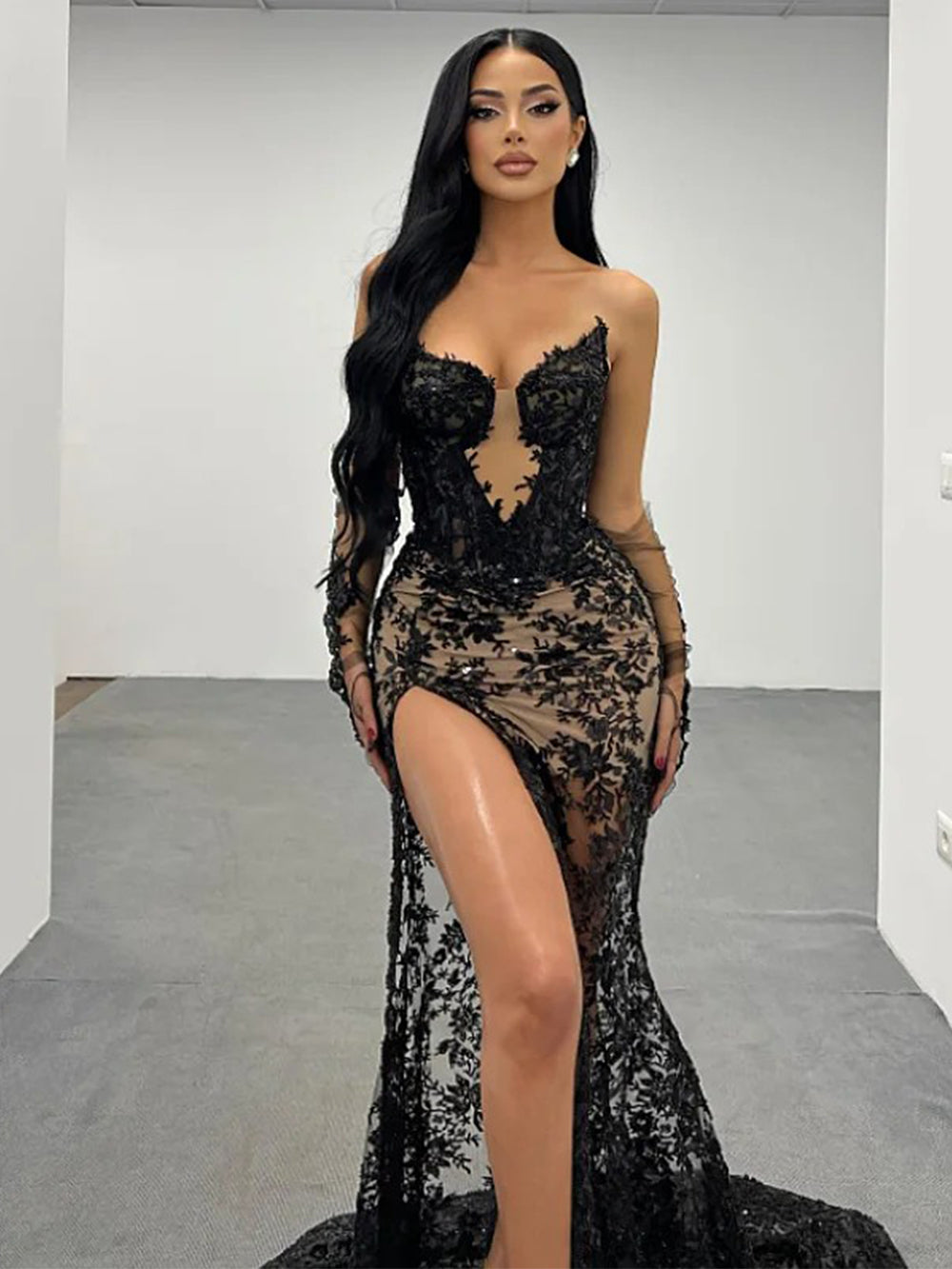 Black Lace Illusion Gown with High Slit