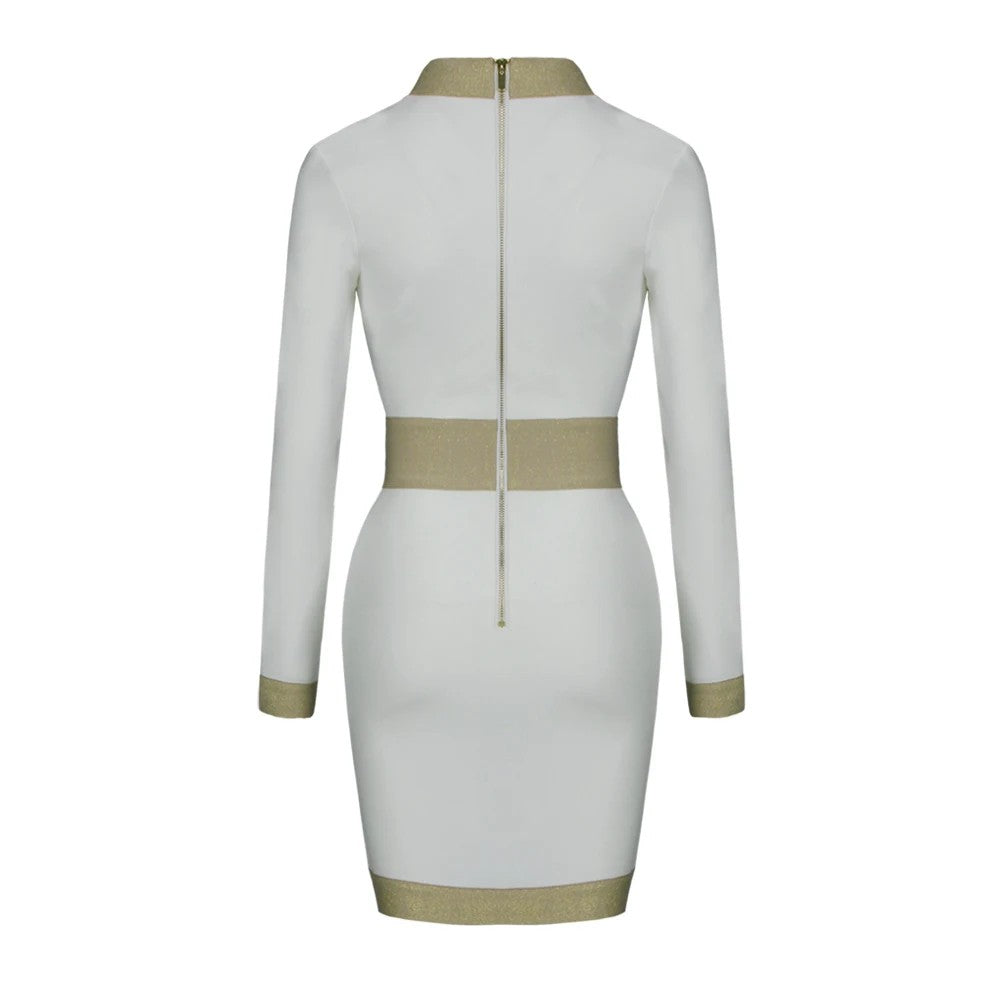 Elegant Gold-Trim White Bodycon Dress - La-Nella Paris