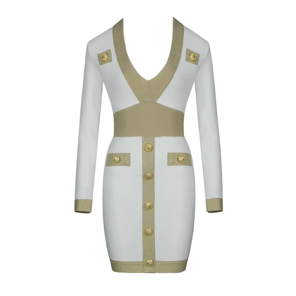 Elegant Gold-Trim White Bodycon Dress - La-Nella Paris