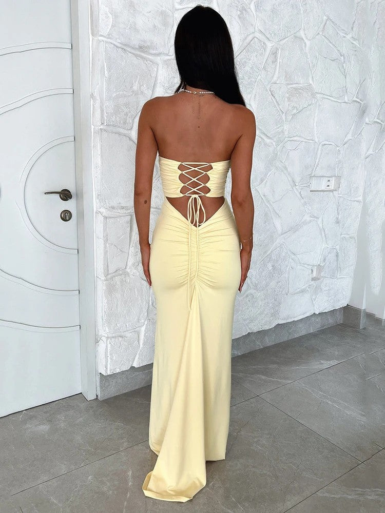 Elegant Strapless Yellow Evening Gown