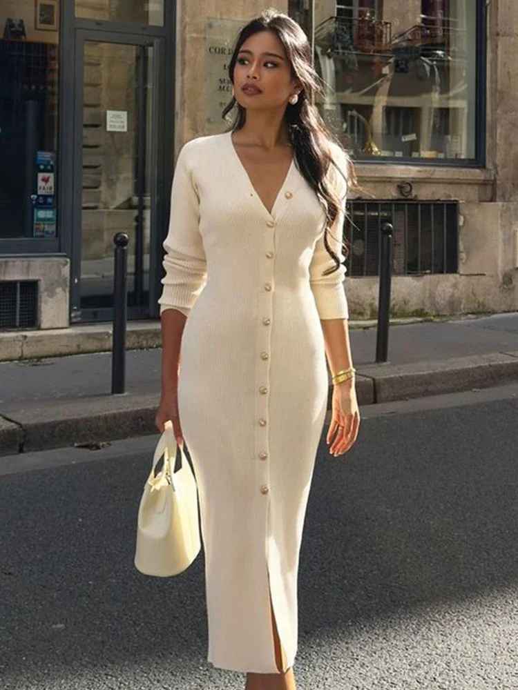 Elegant Ribbed Button-Down Midi Dress