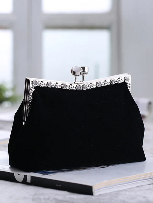 Elegant Black Velvet Clutch with Silver Detailing