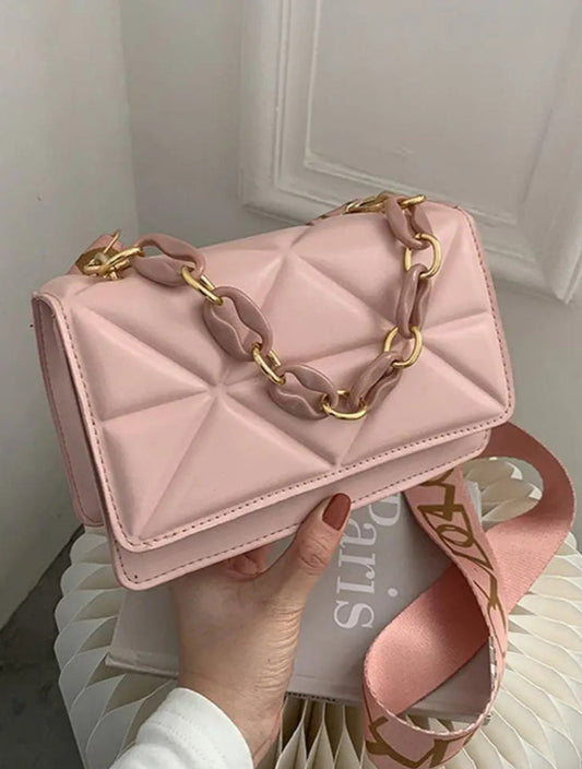 La-Nella Paris Elegant Quilted Pink Shoulder Bag with Gold Chain