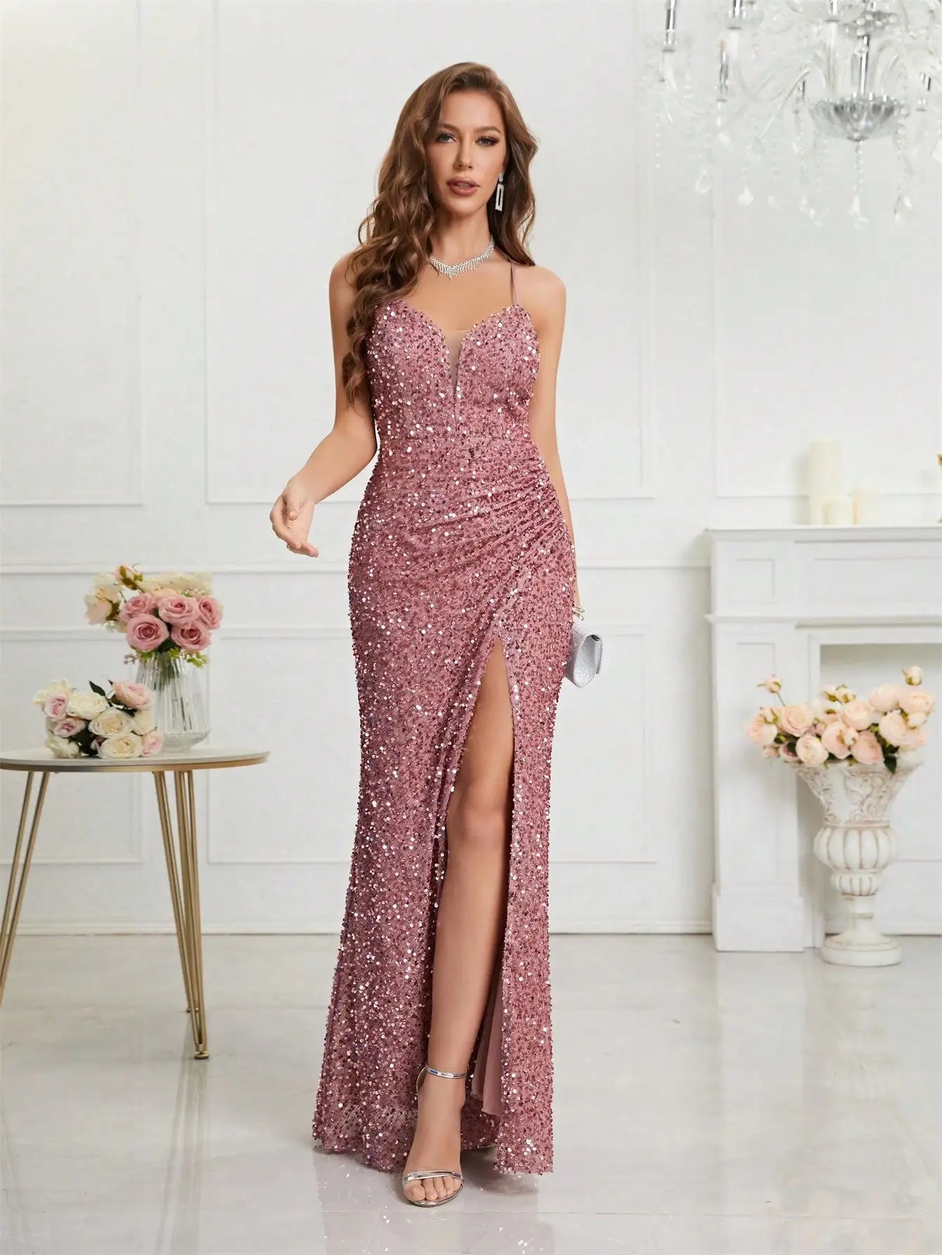 Sparkling Rose Pink Sequin Gown with Thigh-High Slit