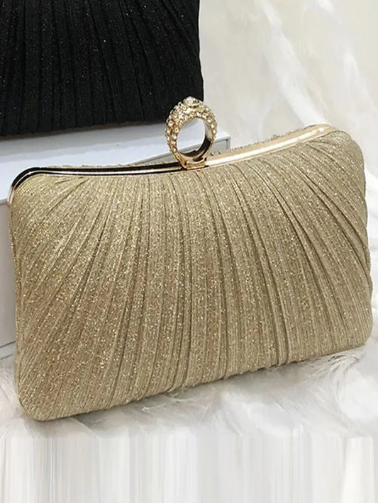 Elegant Gold Evening Clutch with Crystal Ring Handle