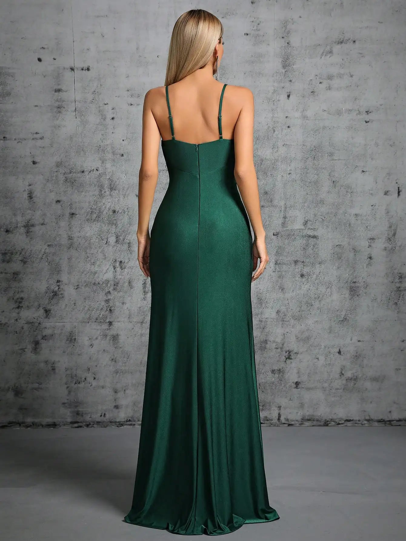 Elegant Green Satin Evening Gown with Slit Detail