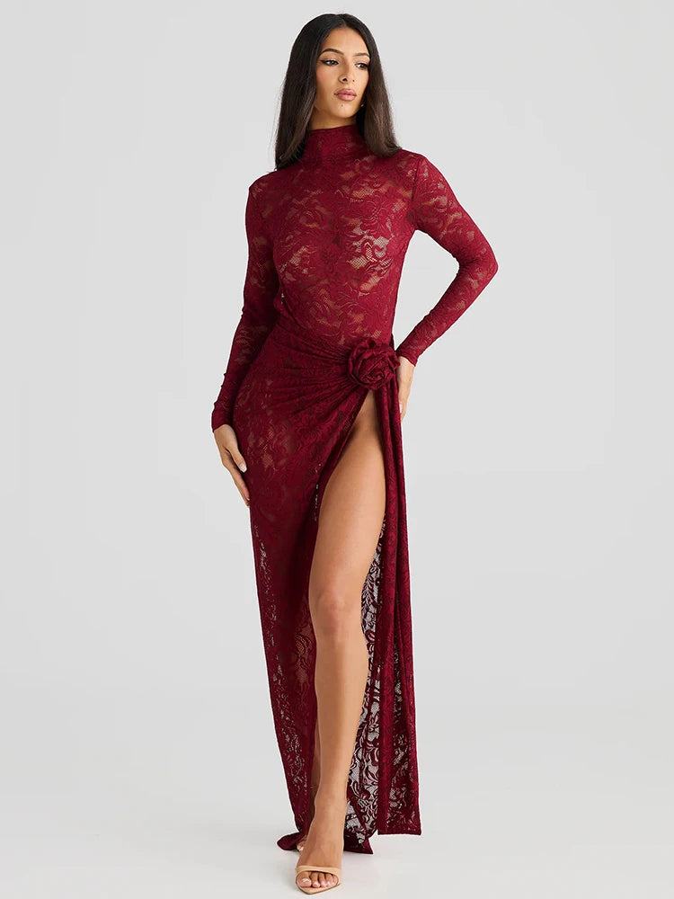 Red Lace High-Slit Evening Gown- La-Nella Paris