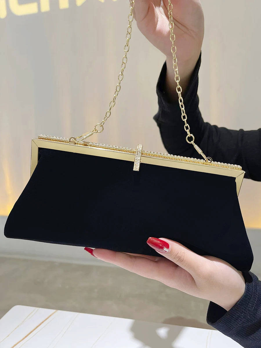 Chic Black Velvet Clutch with Gold Accents