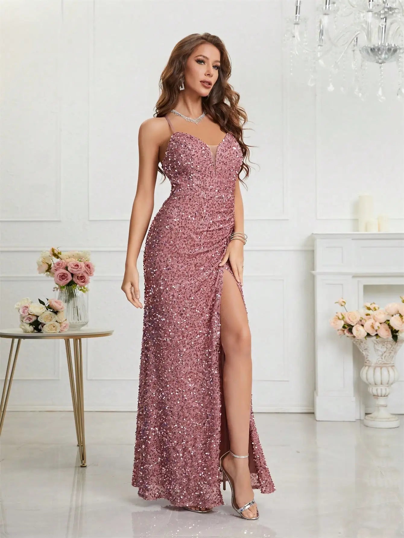 Sparkling Rose Pink Sequin Gown with Thigh-High Slit