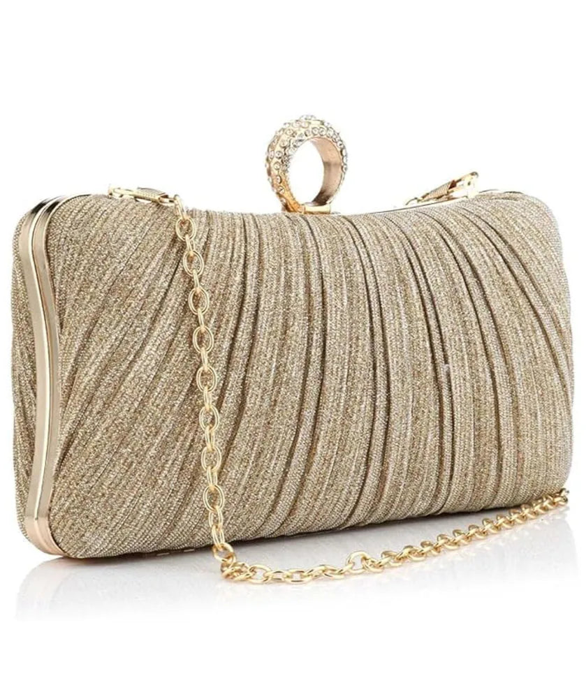 Elegant Gold Evening Clutch with Crystal Ring Handle