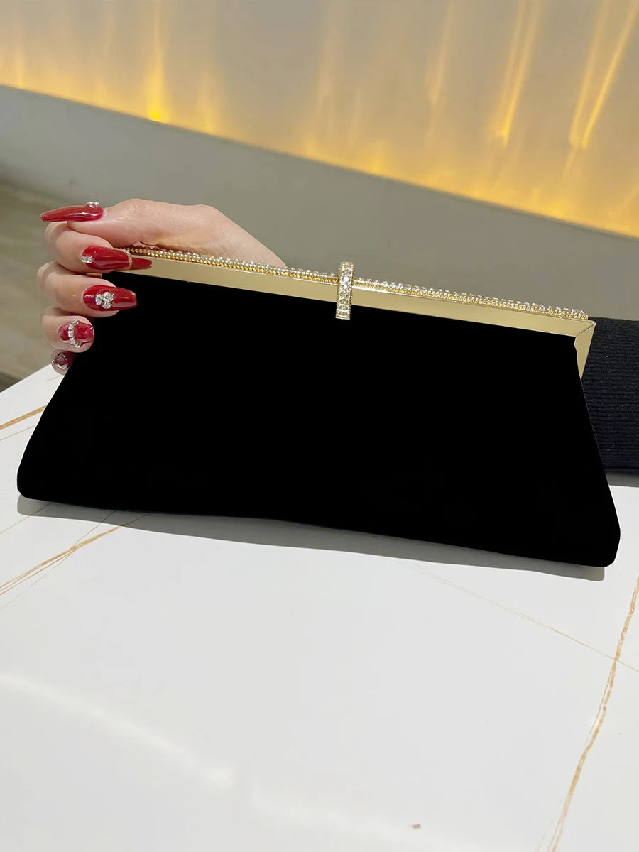 Chic Black Velvet Clutch with Gold Accents