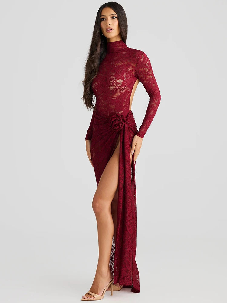 Red Lace High-Slit Evening Gown- La-Nella Paris