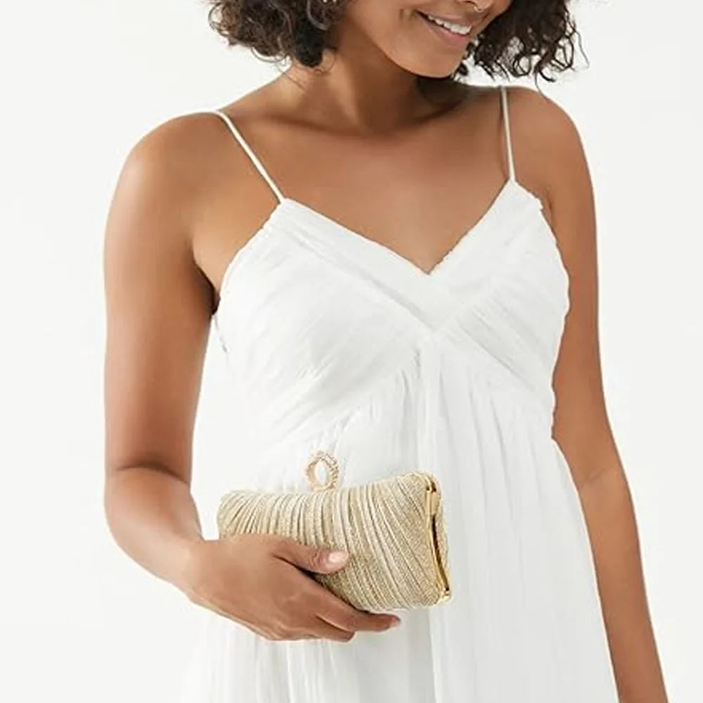 Elegant Gold Evening Clutch with Crystal Ring Handle