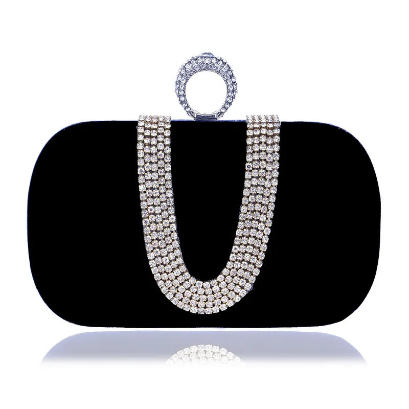 Elegant Black Velvet Clutch with Crystal Detailing