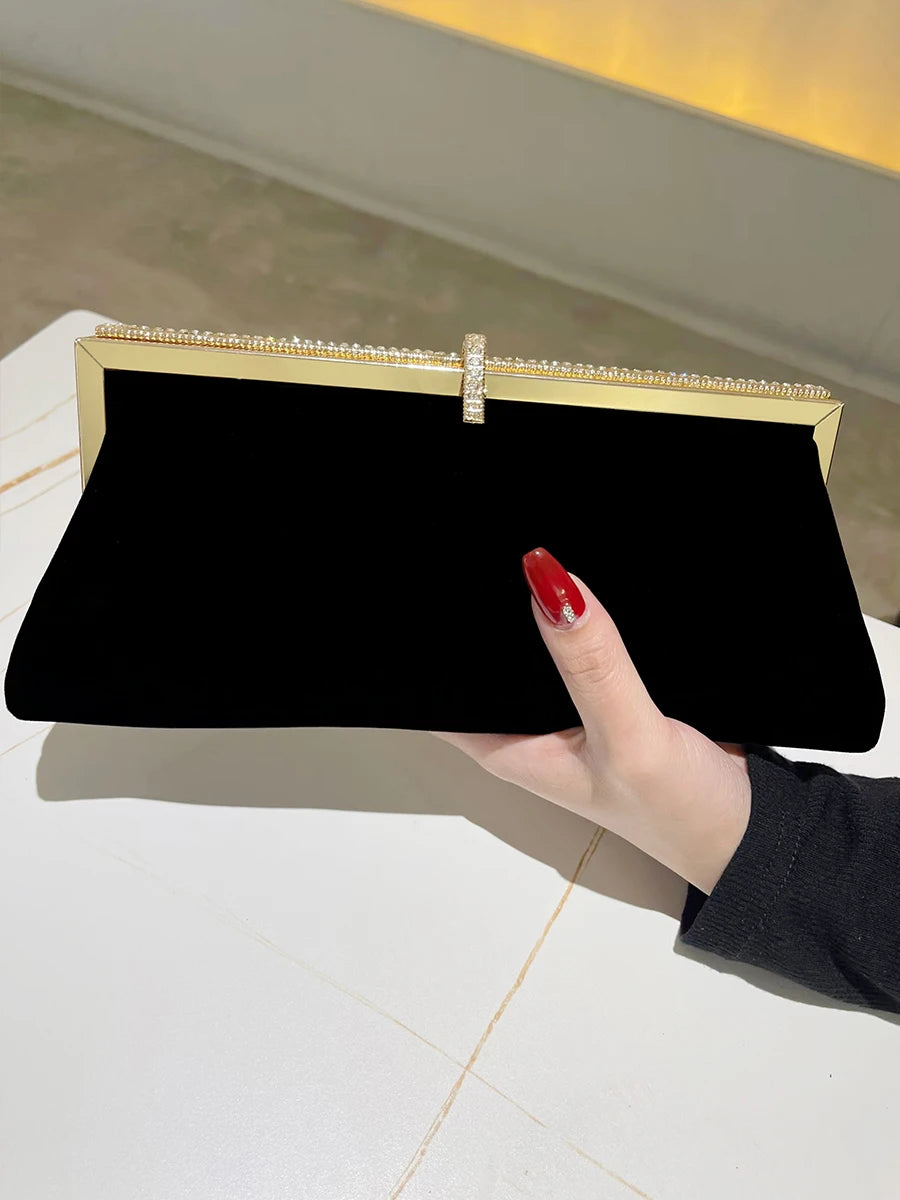 Chic Black Velvet Clutch with Gold Accents