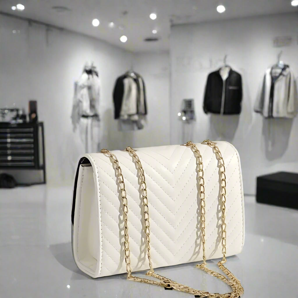 Quilted White Crossbody Bag with Gold Chain