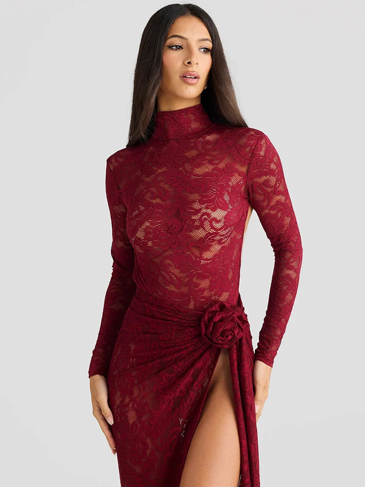 Red Lace High-Slit Evening Gown- La-Nella Paris