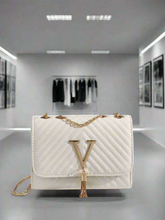 Quilted White Crossbody Bag with Gold Chain