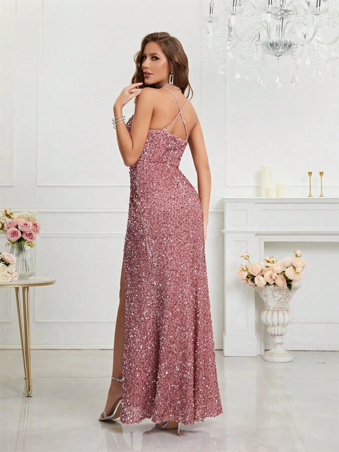 Sparkling Rose Pink Sequin Gown with Thigh-High Slit