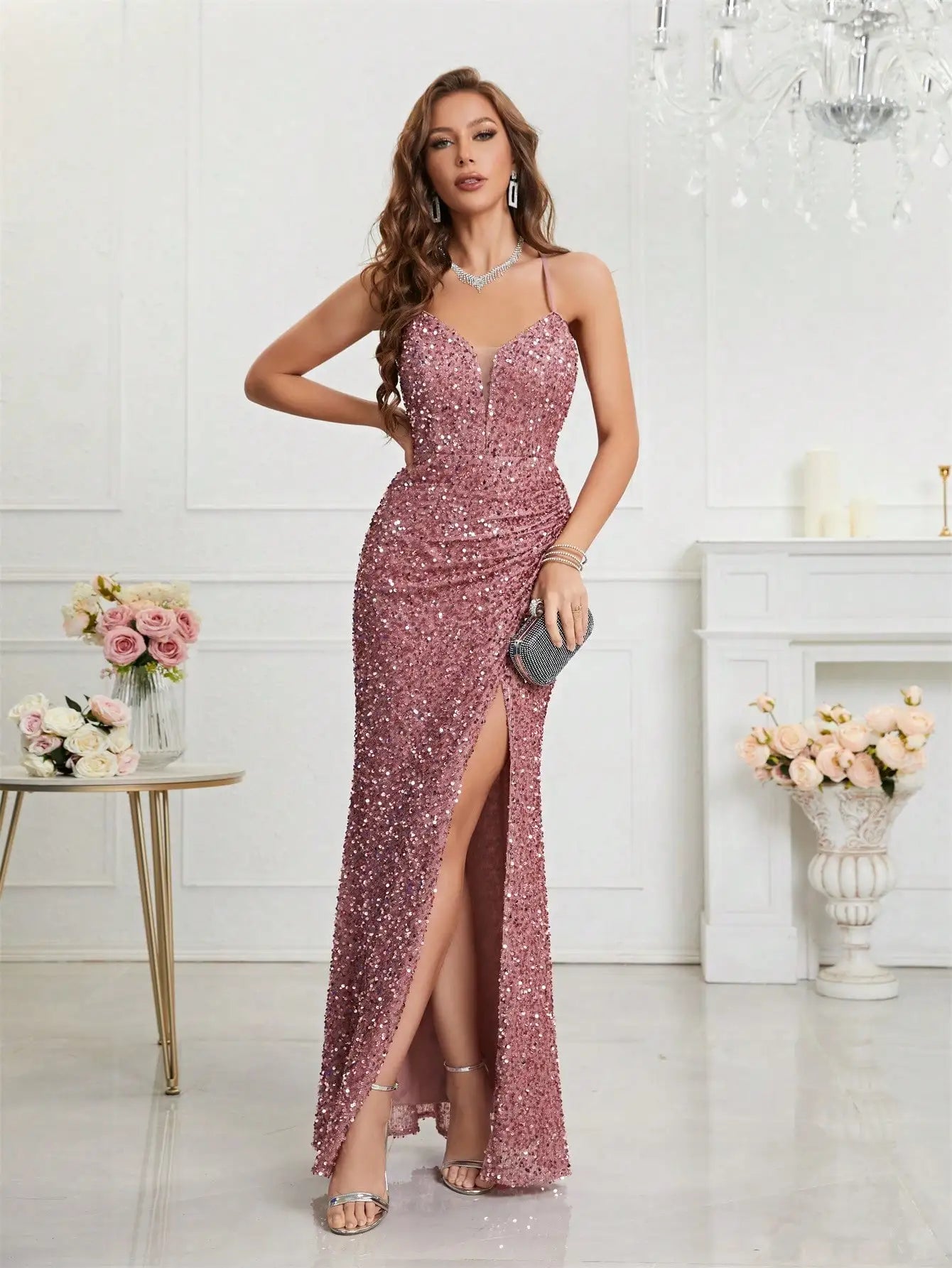 Sparkling Rose Pink Sequin Gown with Thigh-High Slit