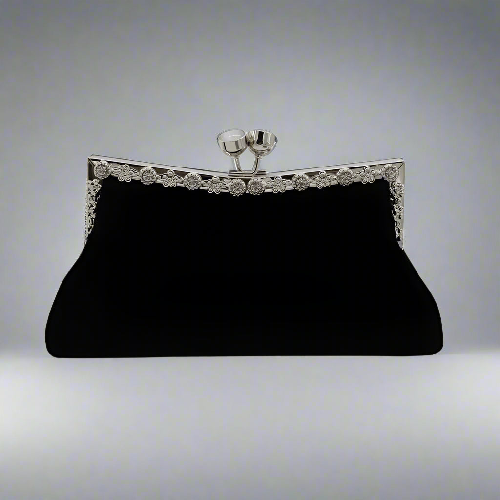 Elegant Black Velvet Clutch with Silver Detailing