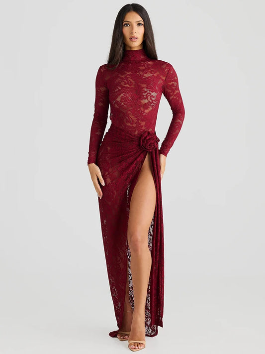 Red Lace High-Slit Evening Gown- La-Nella Paris